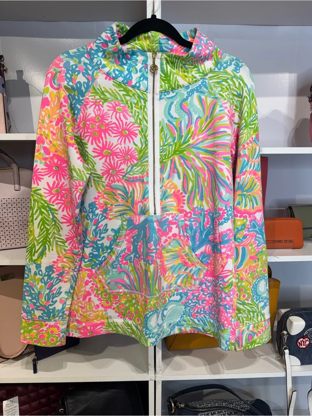 0003 Lilly Pulitzer Pink Turquoise Lime Green Zip Pullover - Picture 4 of 5